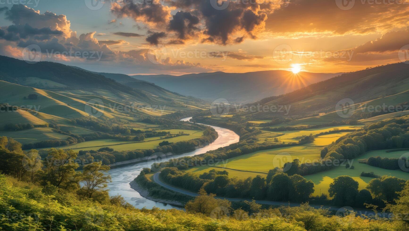 River Flows Through Green Valley at Sunset with Golden Sky photo