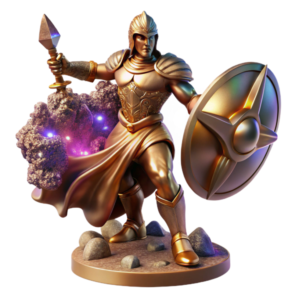vibrant traditional Bronze Sculpture Warrior with Shield Heroic Pose Isolated Element high resolution png
