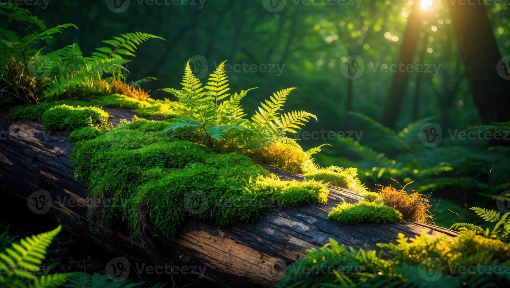 Mossy Log with Ferns in Forest with Sunlight Streaming Through photo
