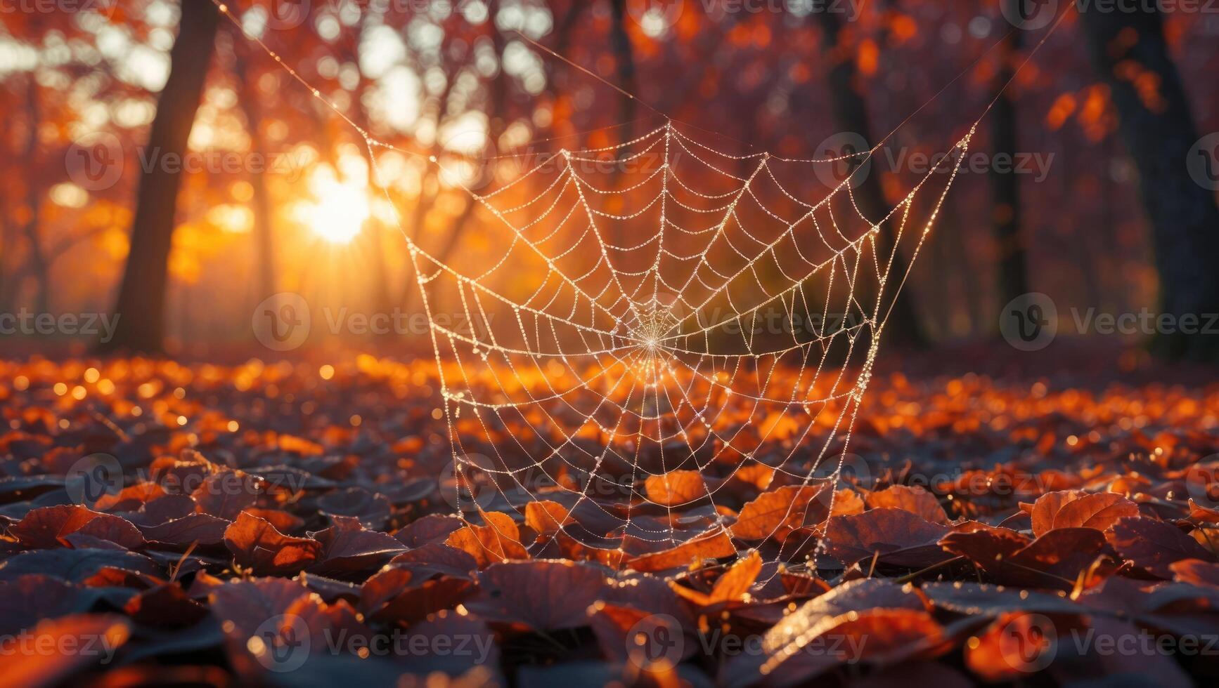 Dew Covered Spiderweb at Sunrise in Autumn Leaf Covered Forest photo