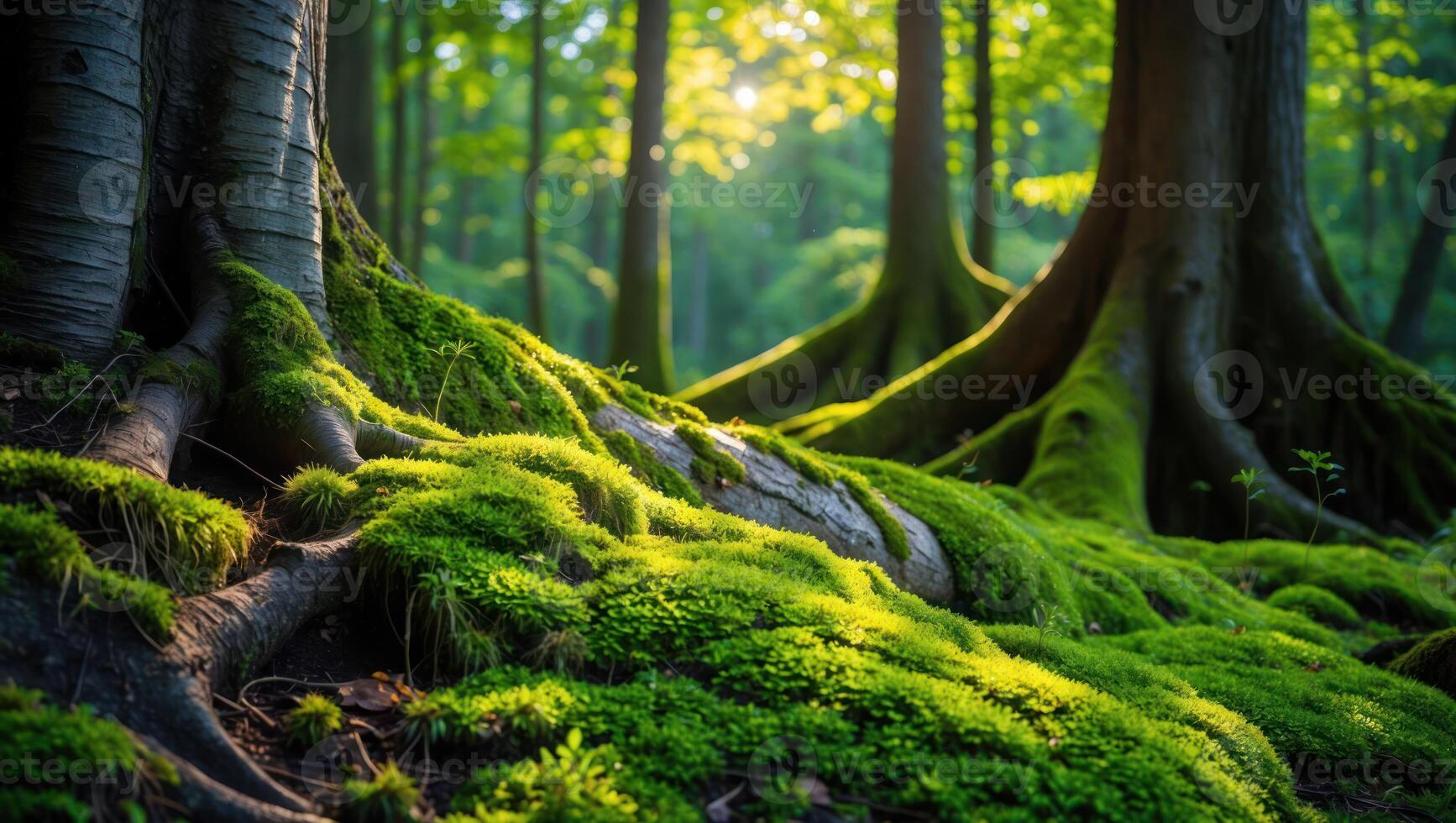 Mossy Tree Roots in Forest with Sun Shining Through Trees photo