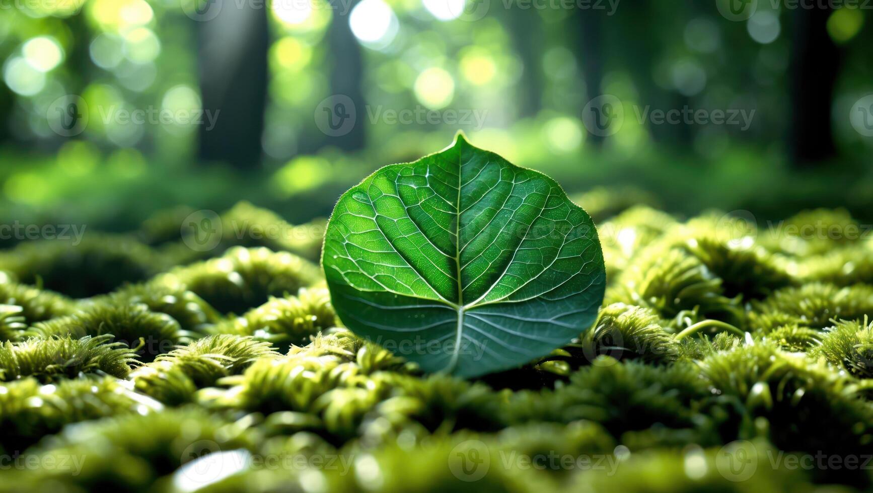 Single Green Leaf on Mossy Ground in Forest with Soft Light photo