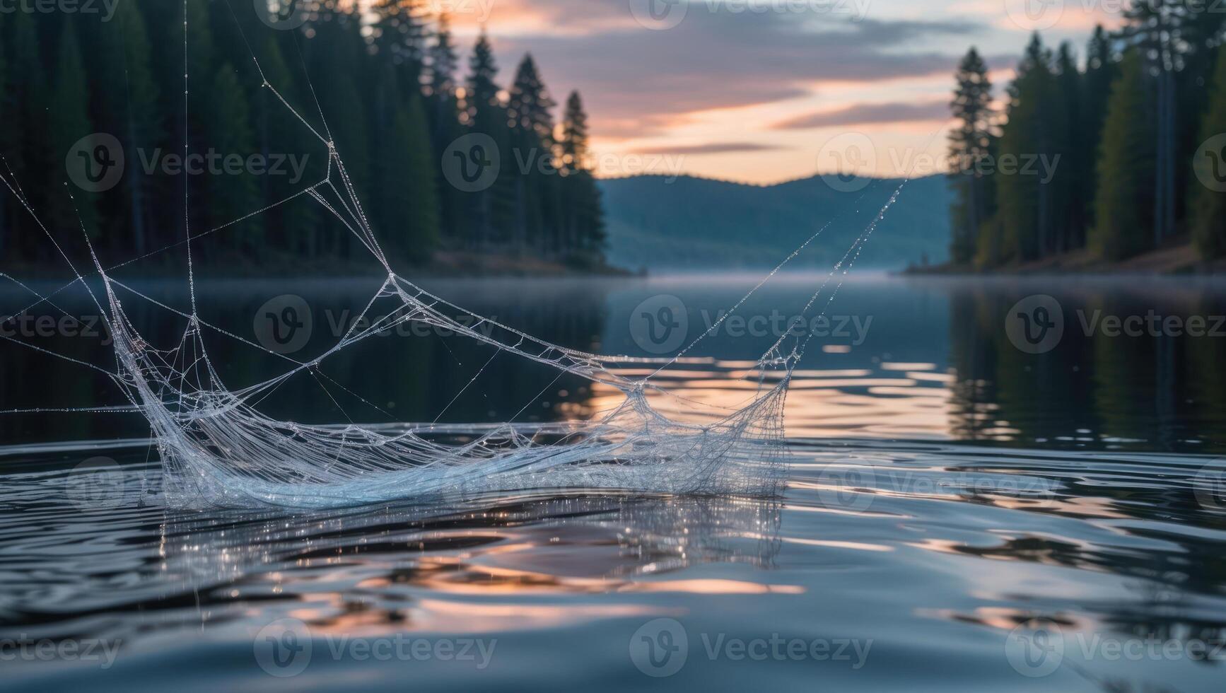 Spiderweb Floating on Lake Water Reflecting Colorful Sky at Dawn photo