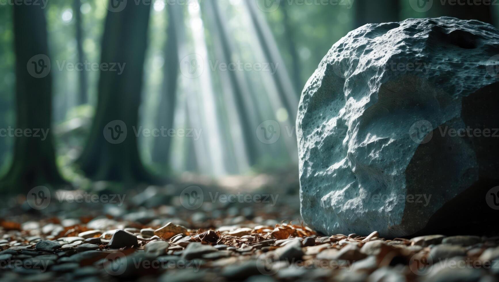 Large Rock Resting in Forest with Sun Rays Shining Through Trees photo