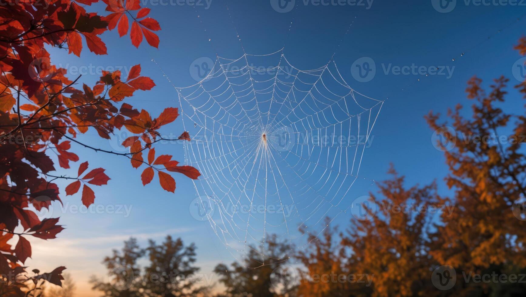 Spiderweb Glistening with Dew Against a Bright Blue Autumn Sky photo