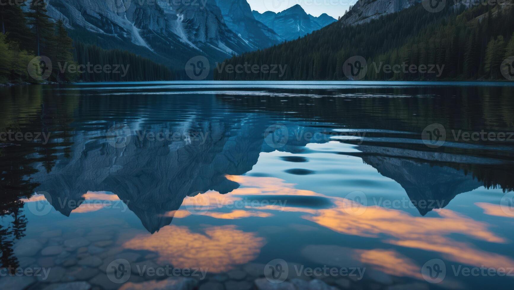 Reflecting Mountain Landscape with Calm Lake and Forest Scenery photo