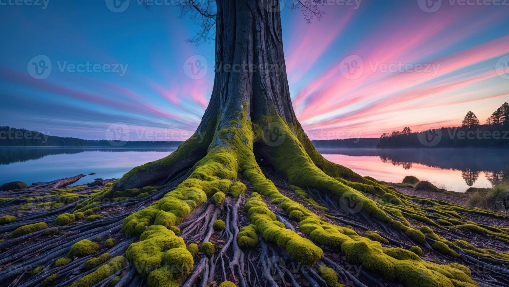 Mossy Tree Roots by the Lake at Colorful Dawn Scenery photo
