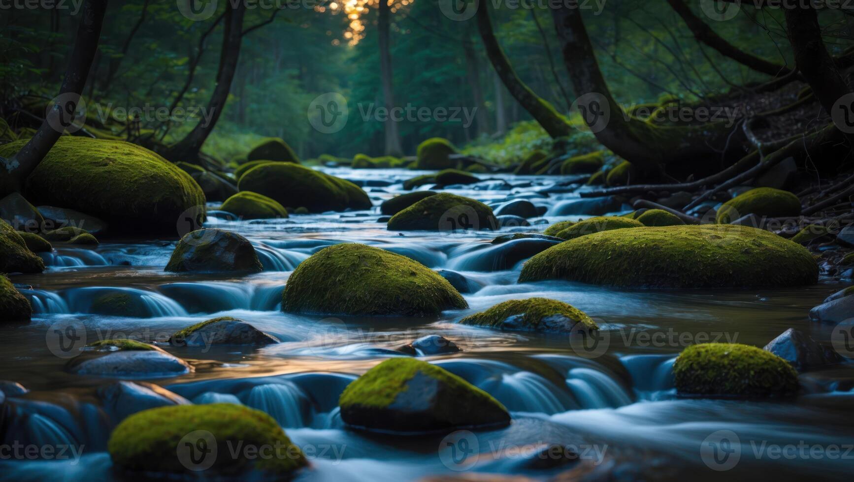 Flowing River Through Forest with Mossy Rocks Serene Nature Scene photo