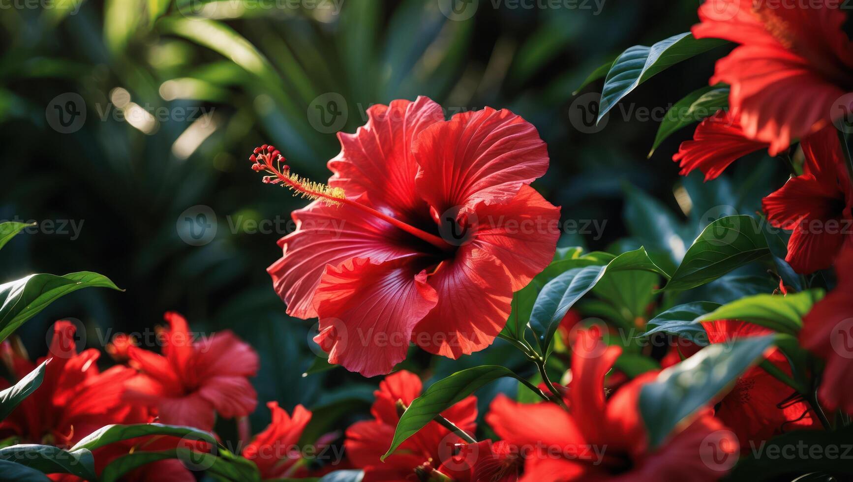 Blooming Red Hibiscus Flower Displaying Petals with Green Leaves Background photo