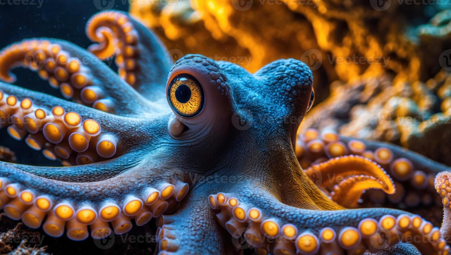 Octopus Observing Underwater with Colorful and Textured Tentacles Close Up photo