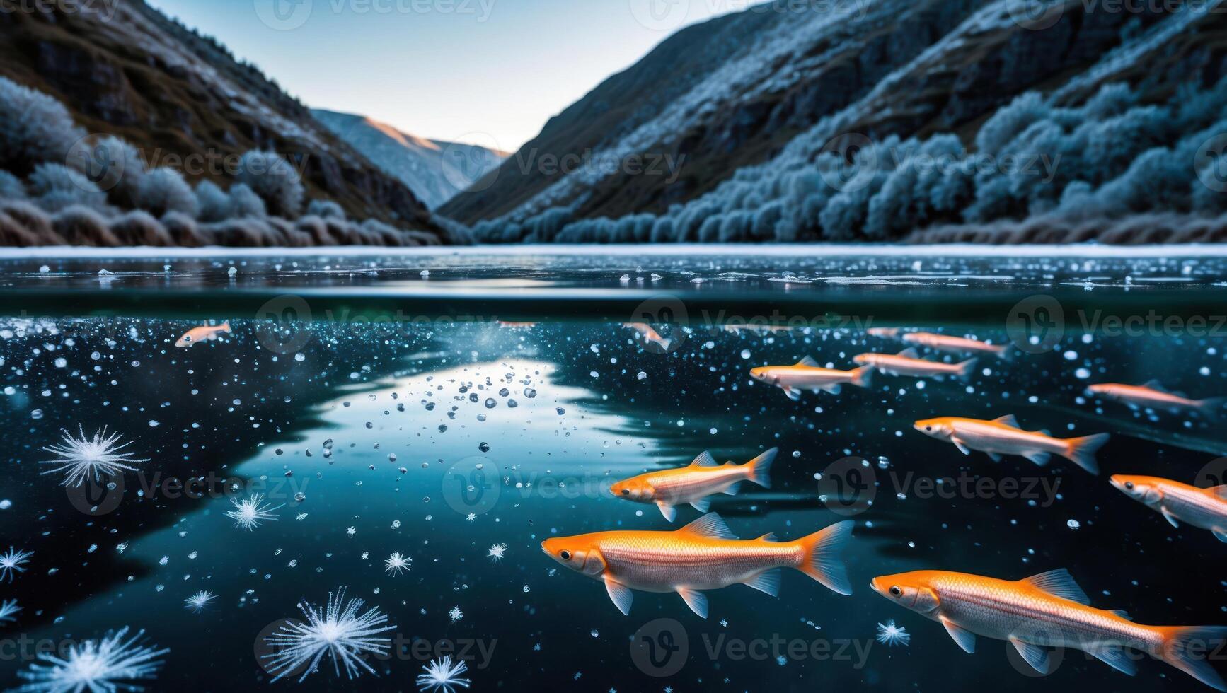 Fish Swimming Under Ice on a Cold Mountain Lake View photo