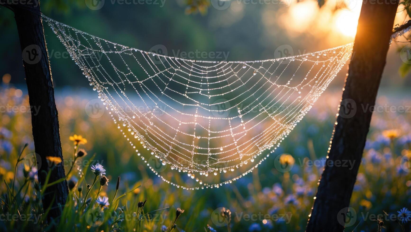 Spiderweb with Dew Drops at Sunrise in Meadow Landscape photo