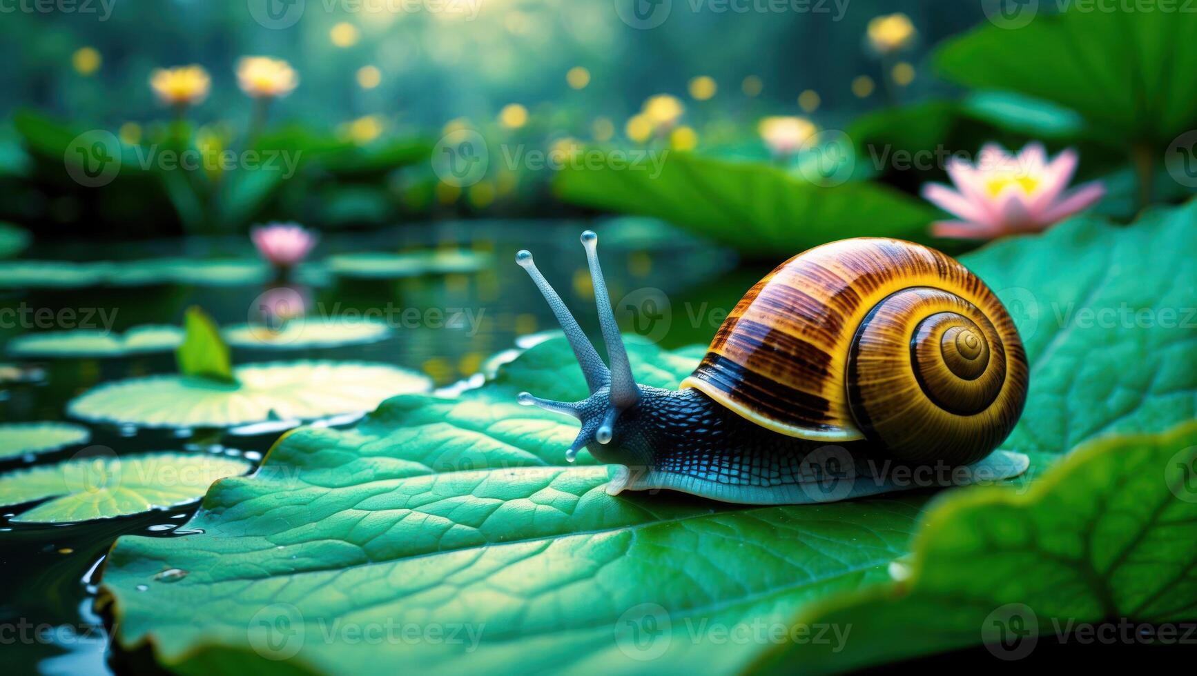Snail Resting on Lily Pad with Water and Flowers in Background photo