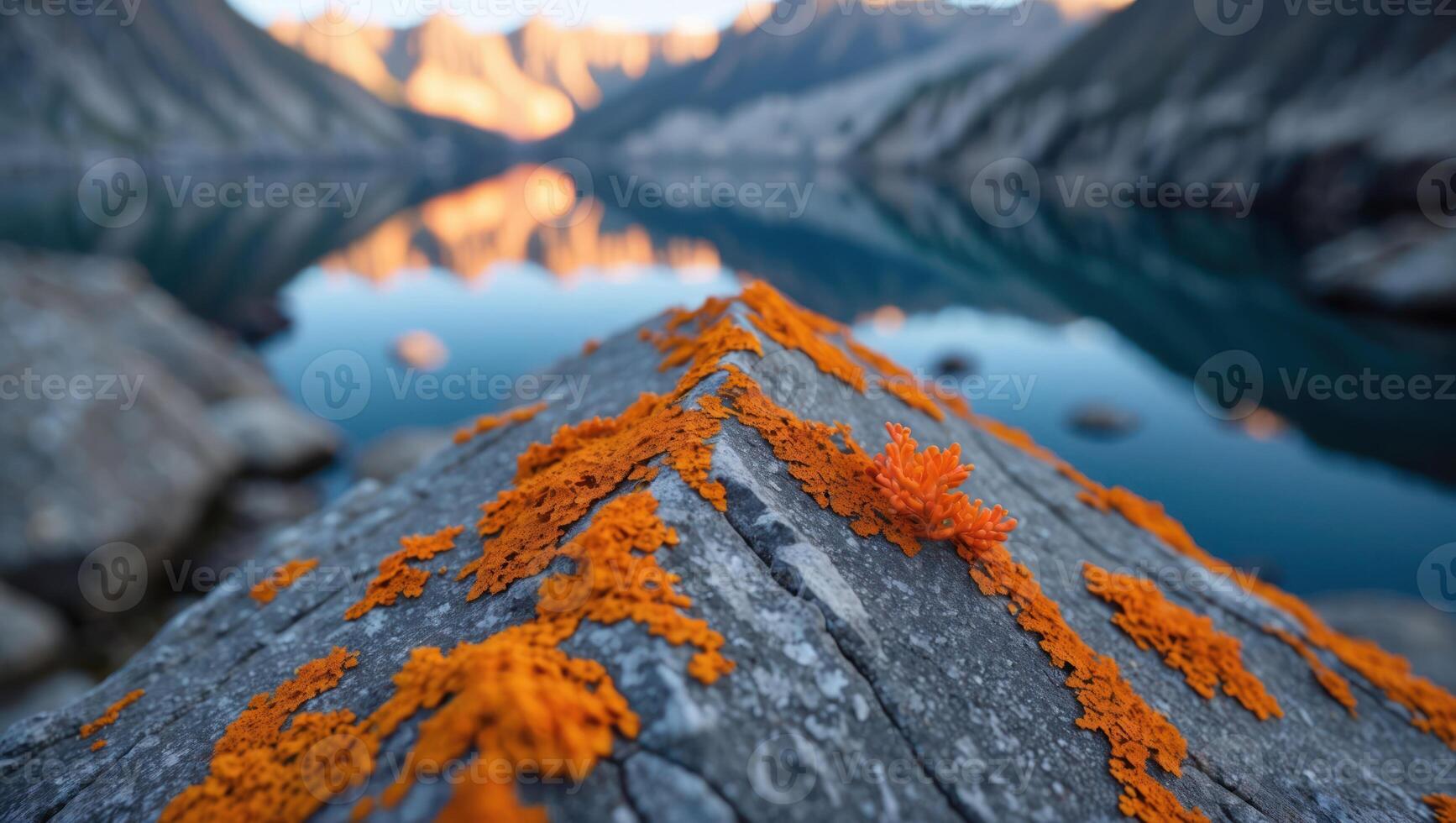 Orange Lichen Covered Rock Overlooking Calm Mountain Lake at Sunset photo