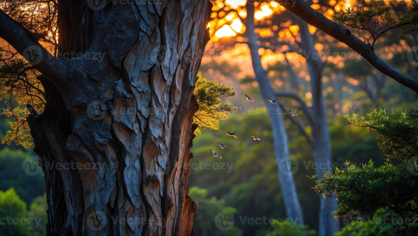 Birds Flying Through Forest Canopy at Golden Hour with Sunlight photo