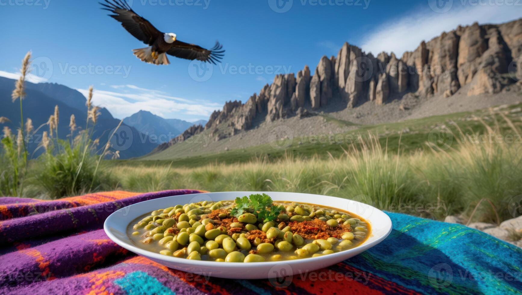 Bean Soup with Mountain View and Bird Flying Outdoor Scene photo