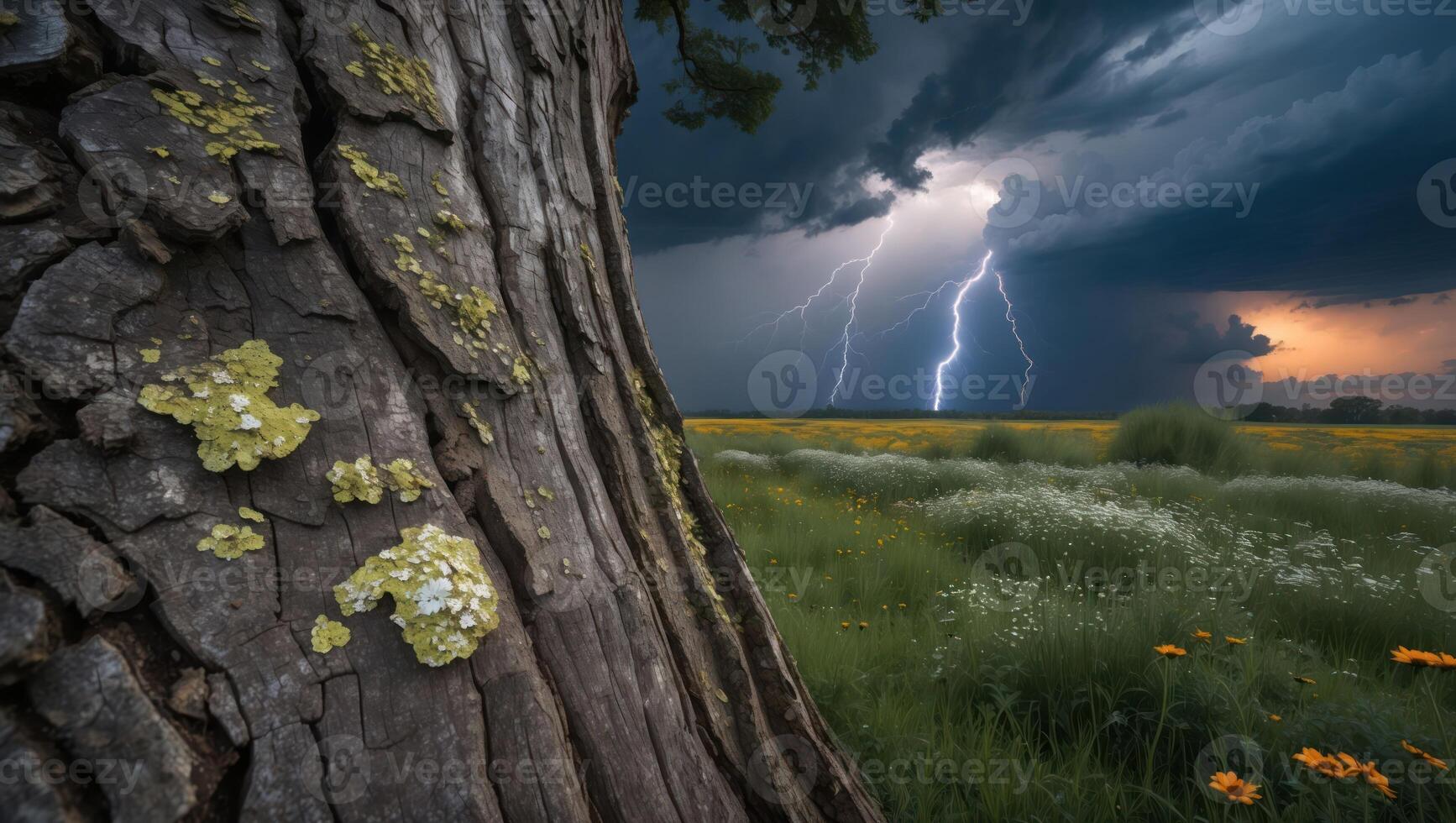 Lightning Strikes Over Flower Field Viewed From Behind Textured Tree photo