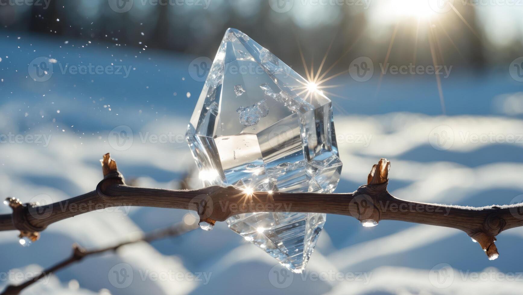 Crystal Diamond Shape on Branch in Snowy Winter Landscape with Sun photo