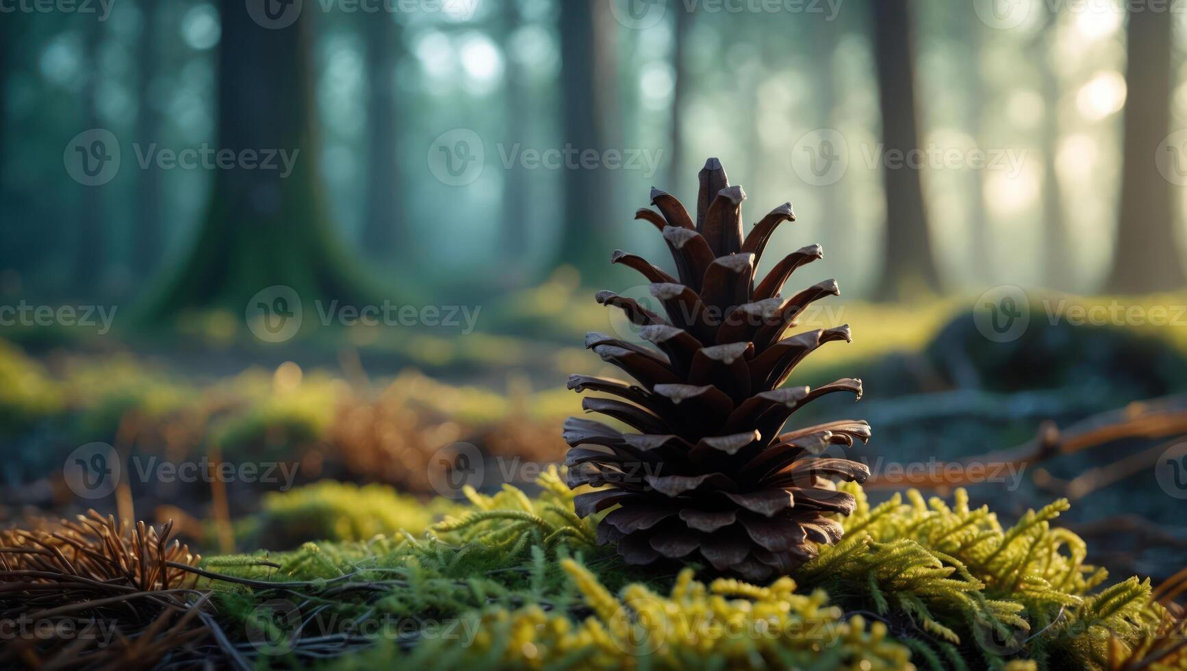 Pinecone Sitting on Forest Floor with Light Coming Through Trees photo