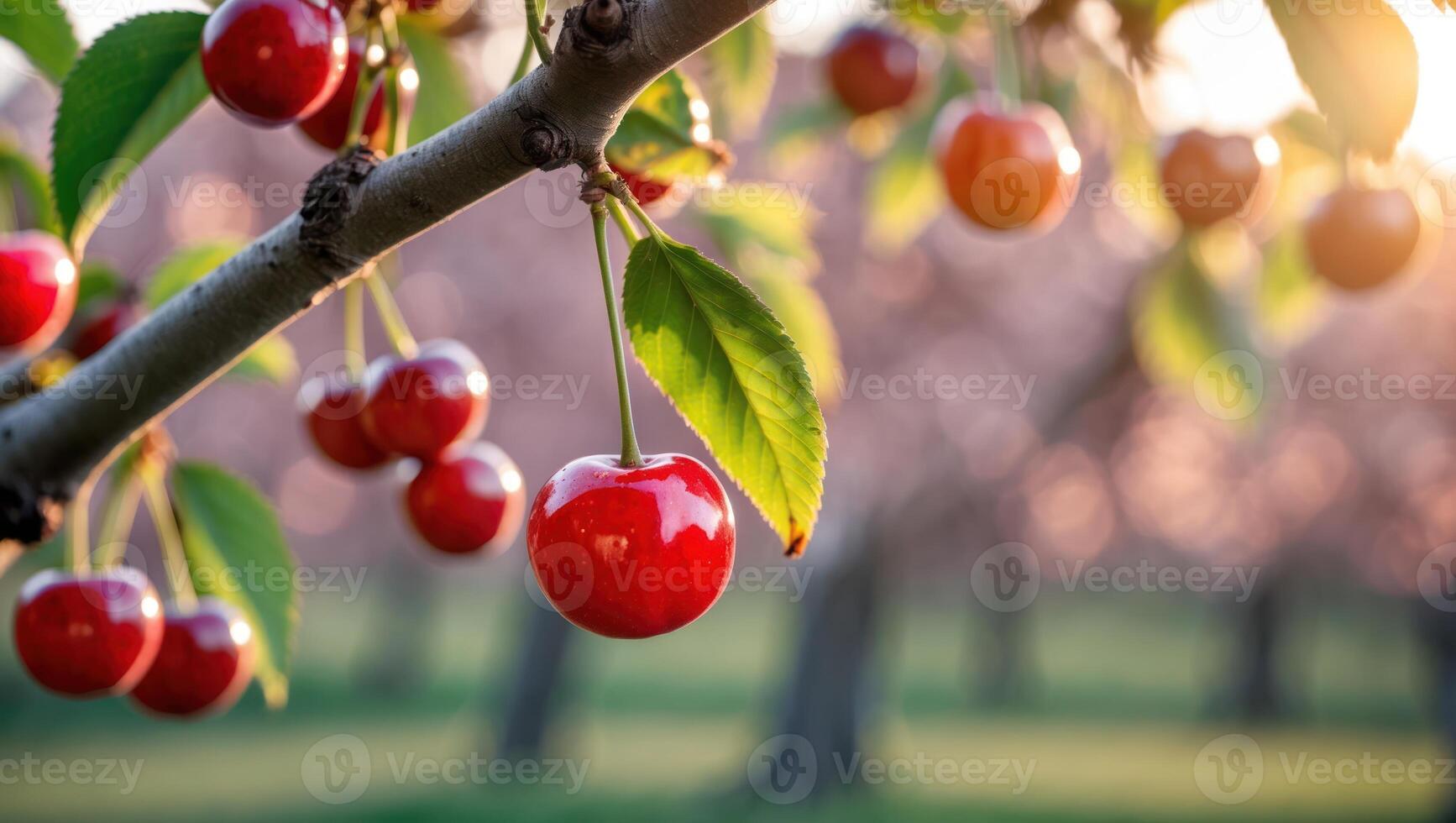 Ripe Red Cherry Hanging From Tree Branch in Orchard at Sunset photo