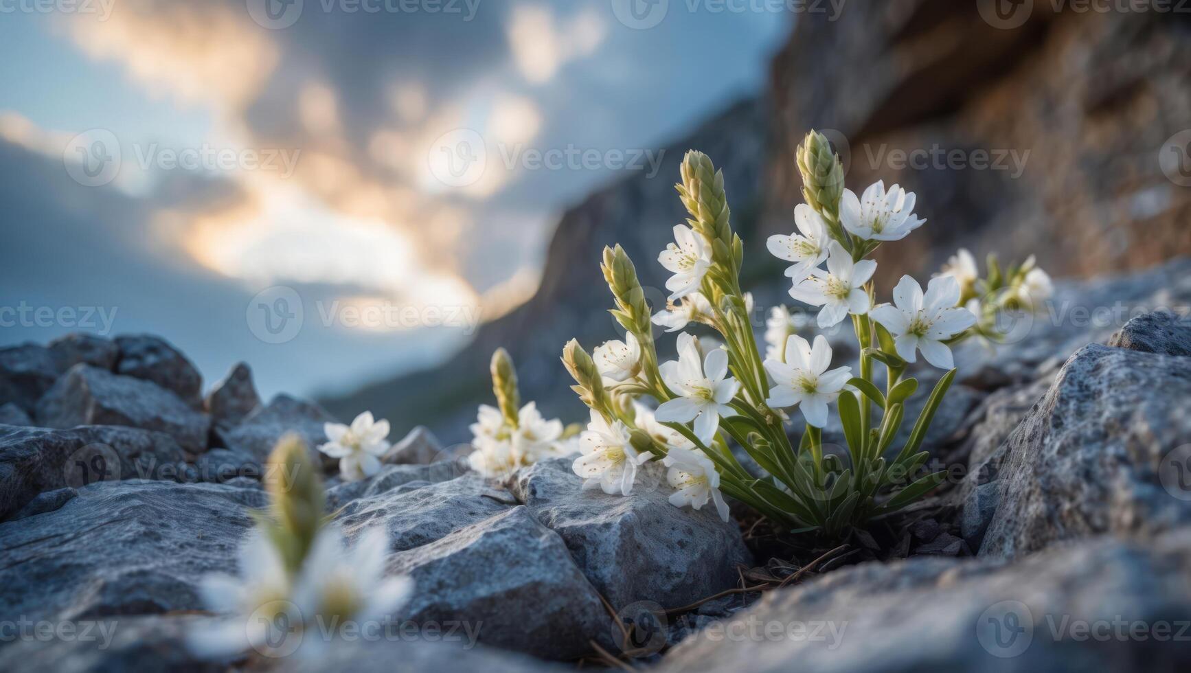 White Flowers Growing on Rocks in Mountain Setting at Sunset photo