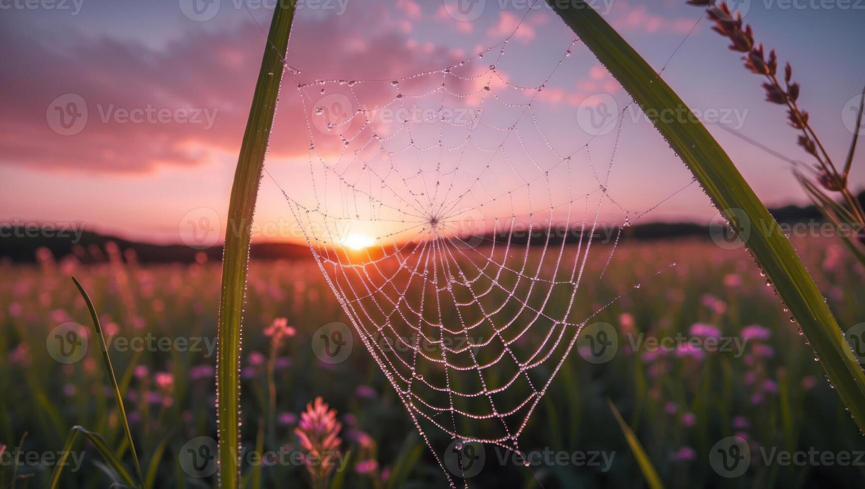 Spiderweb on Grass at Sunset with Dew Drops in Field photo