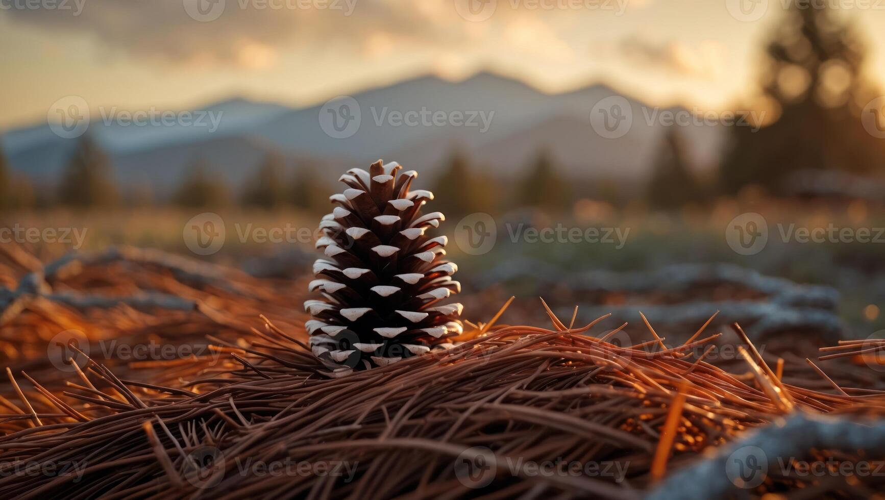 Pine Cone on Forest Floor with Mountains and Sunset Glow photo