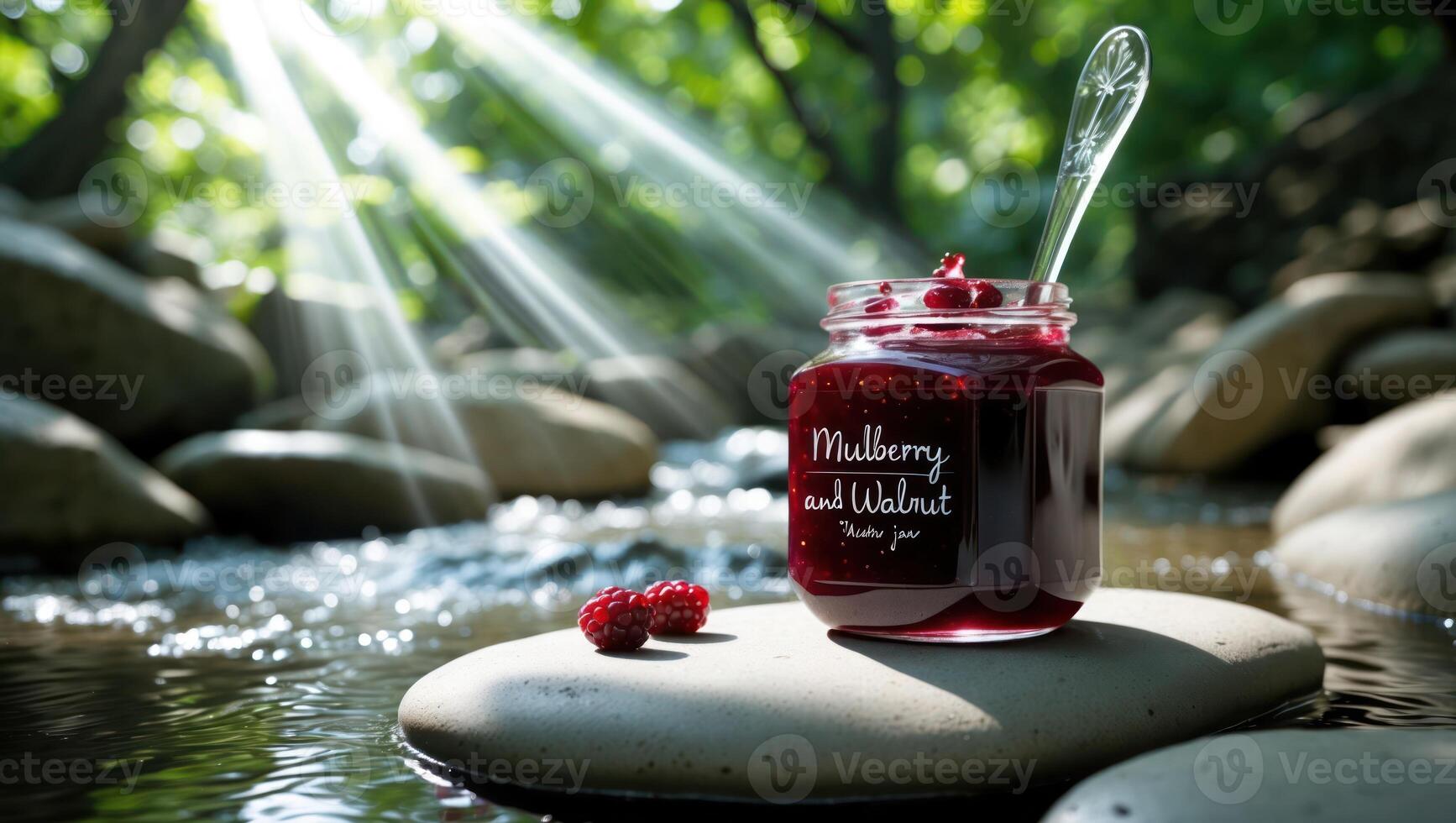 Jar of Mulberry Jam by River in Forest with Spoon photo