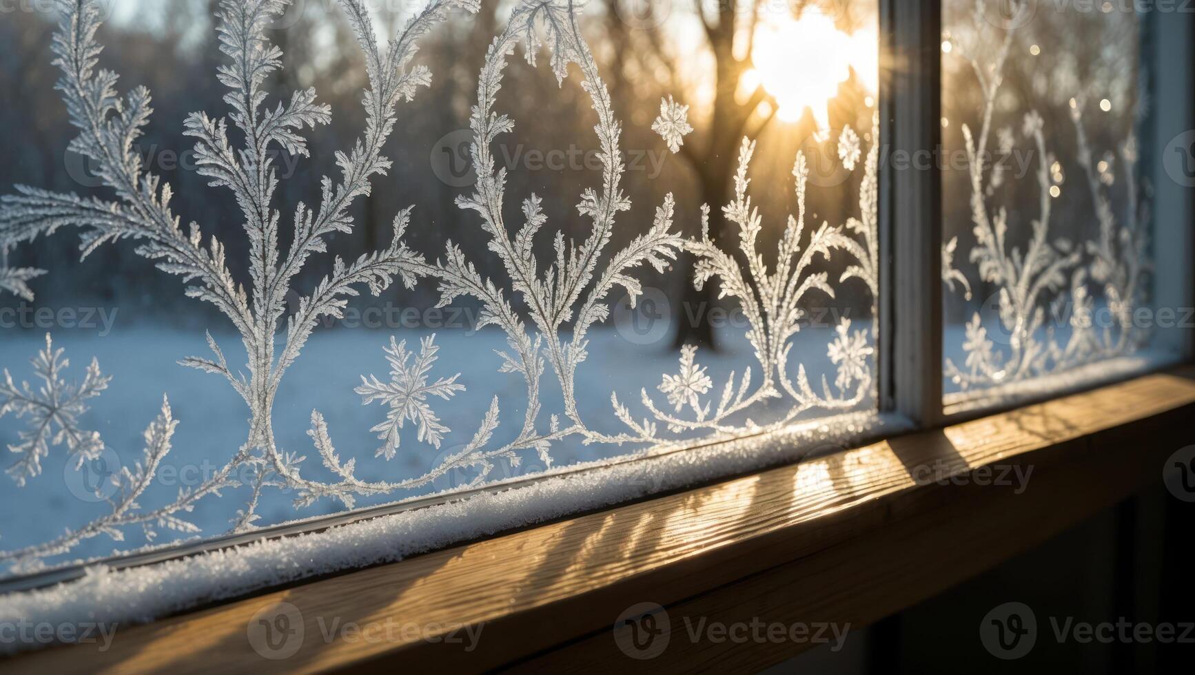 Frosty Window with Intricate Ice Patterns and Sunlight on Winter Day photo