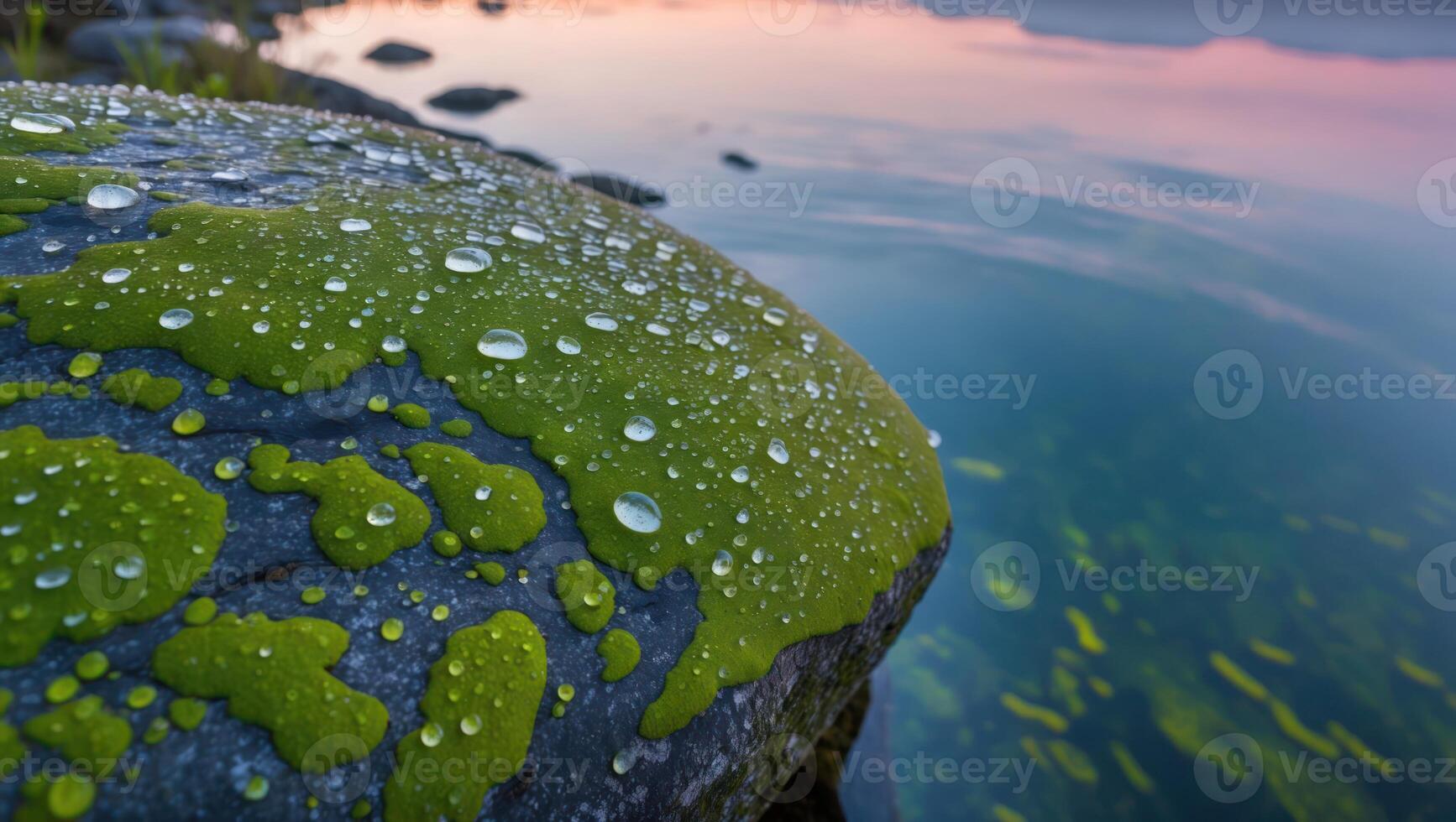 Mossy Rock Water Drops Reflecting Soft Light at Waters Edge photo