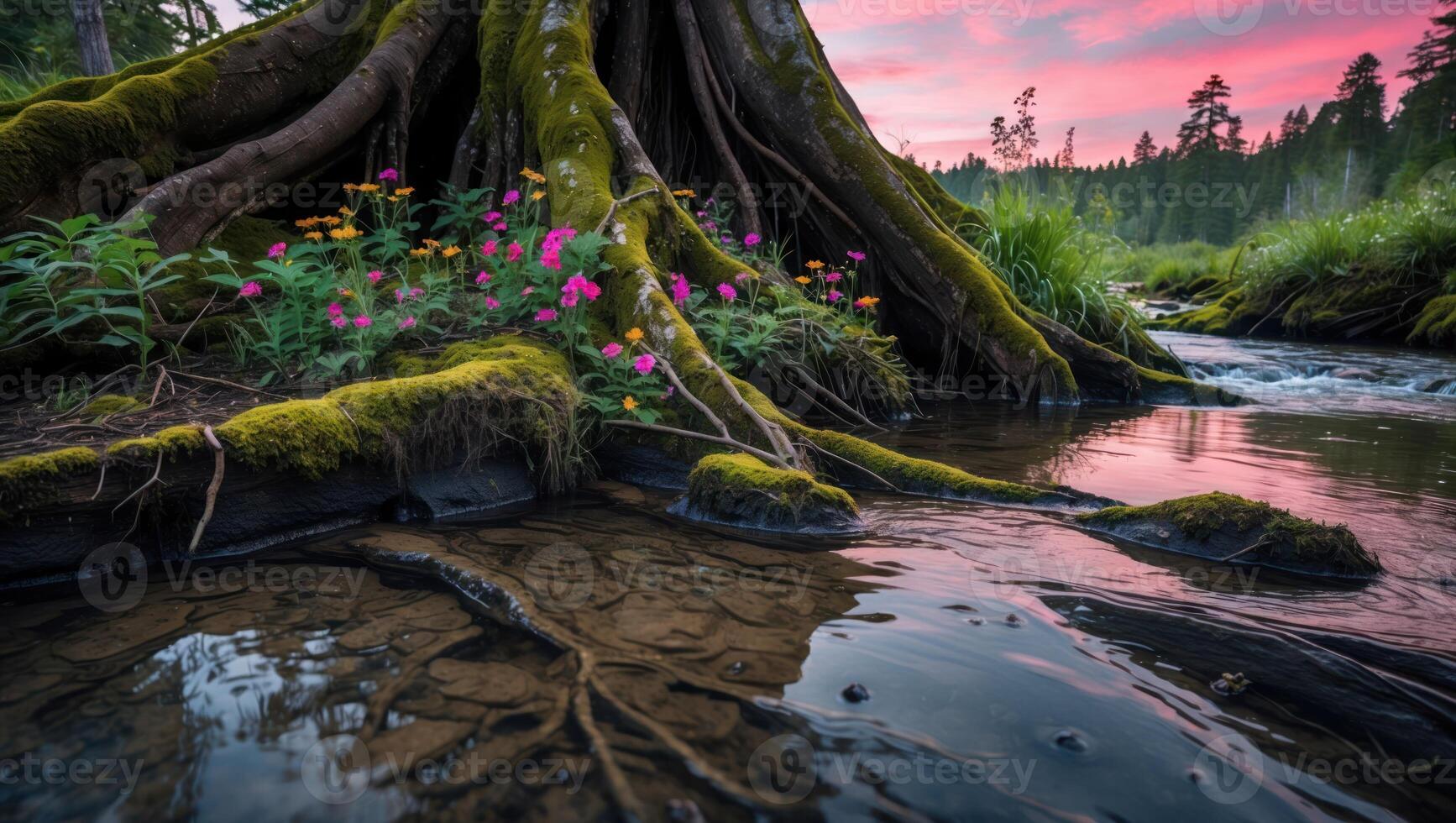 Mossy Tree Roots and Wildflowers Along a Gentle Flowing River photo