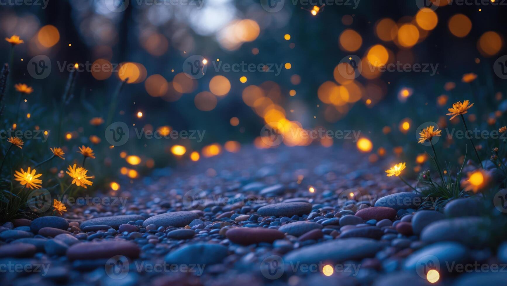 Stony Pathway with Small Flowers and Bokeh Lights in a Forest photo