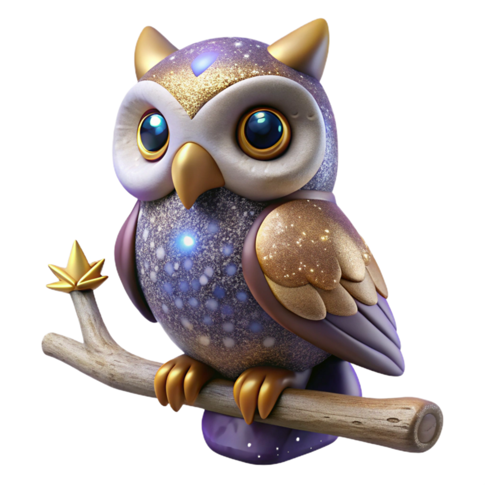 vibrant abstract Clay Figurine Owl Perched on Branch Realistic Texture Transparent Background exclusive png