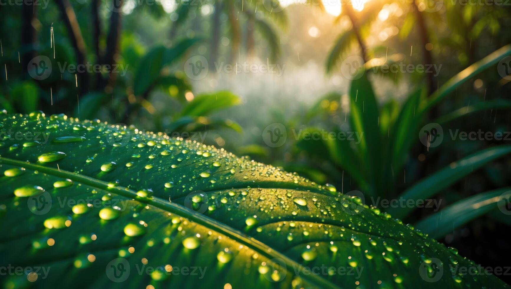 Raindrops on Green Leaf in Jungle Setting with Bright Sunlight photo