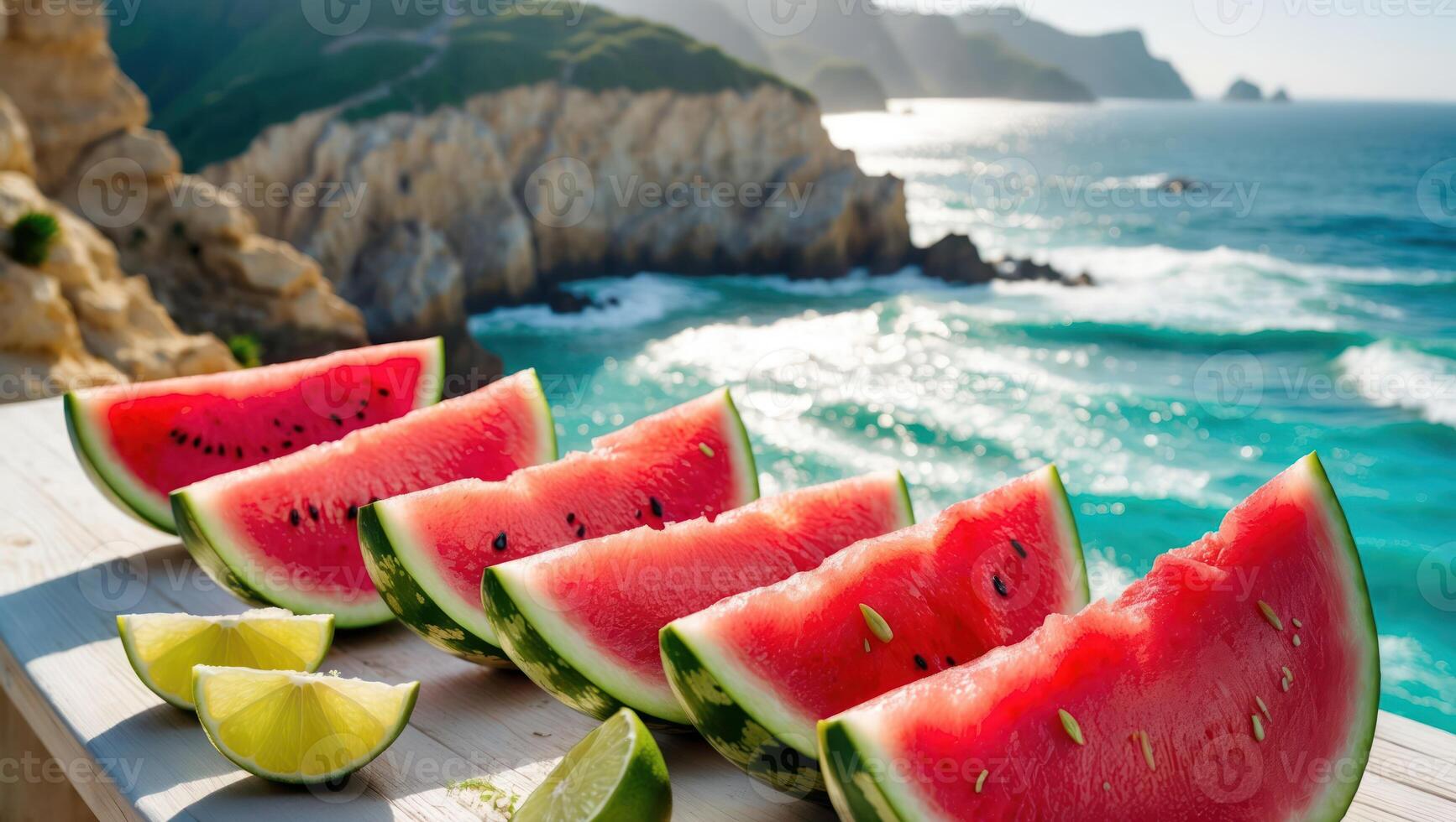 Watermelon Slices with Lime at Coastal View for Summer Refreshment photo