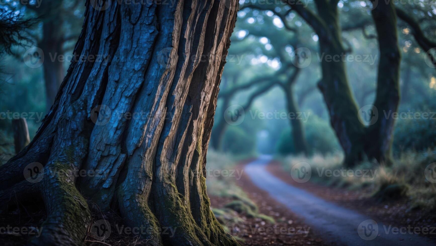 Tree Trunk by Path in Forest with Foggy Atmosphere photo
