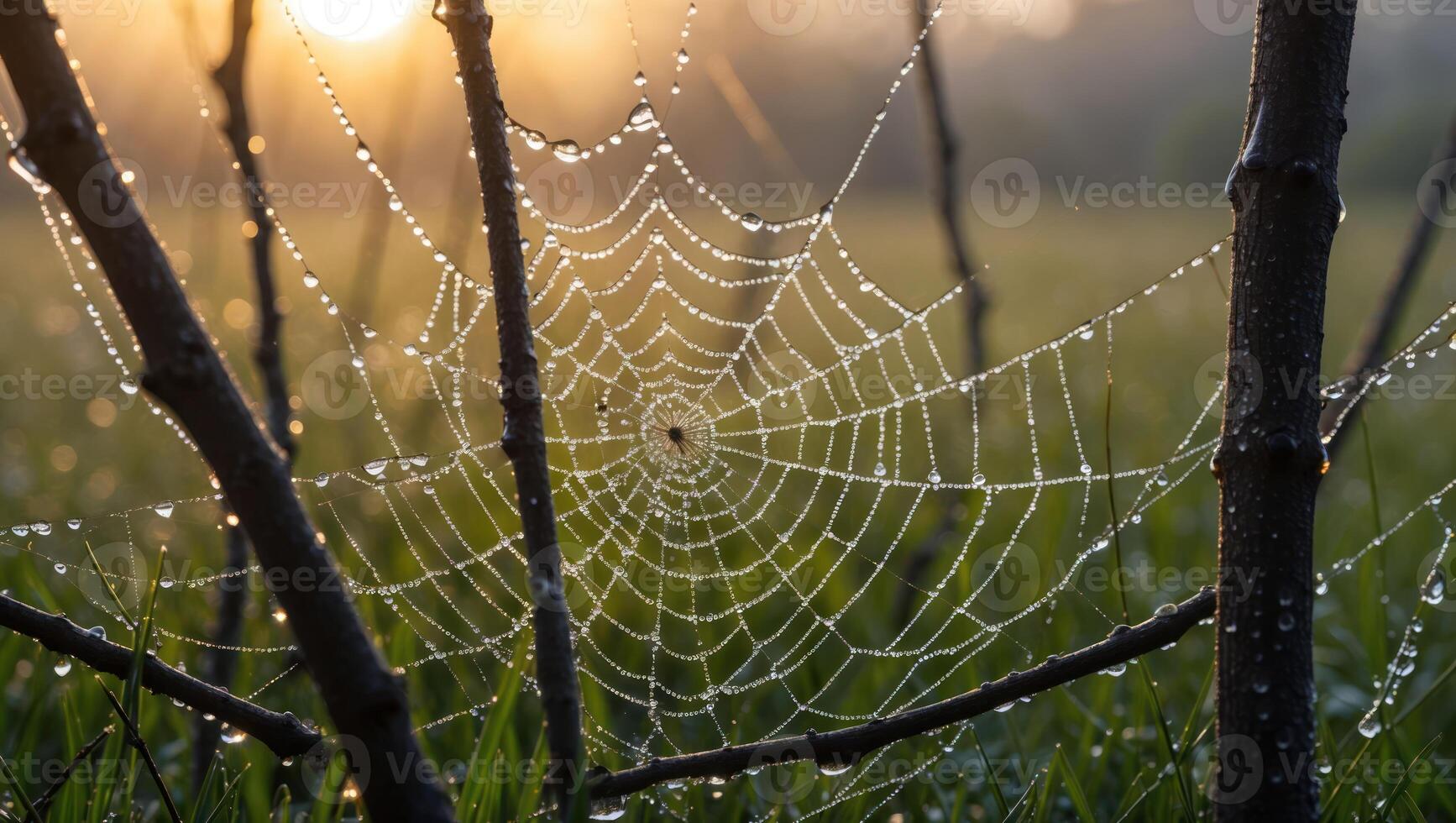 Dew Covered Spiderweb Hanging Between Branches at Early Sunrise photo
