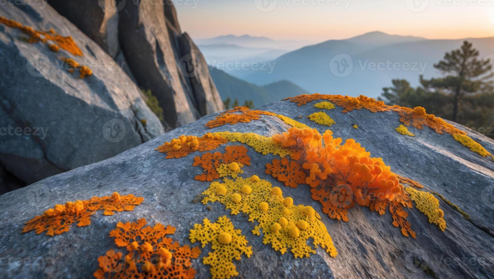 Rock Outcrop with Colorful Lichen Overlooking Distant Mountain Range Scenery photo