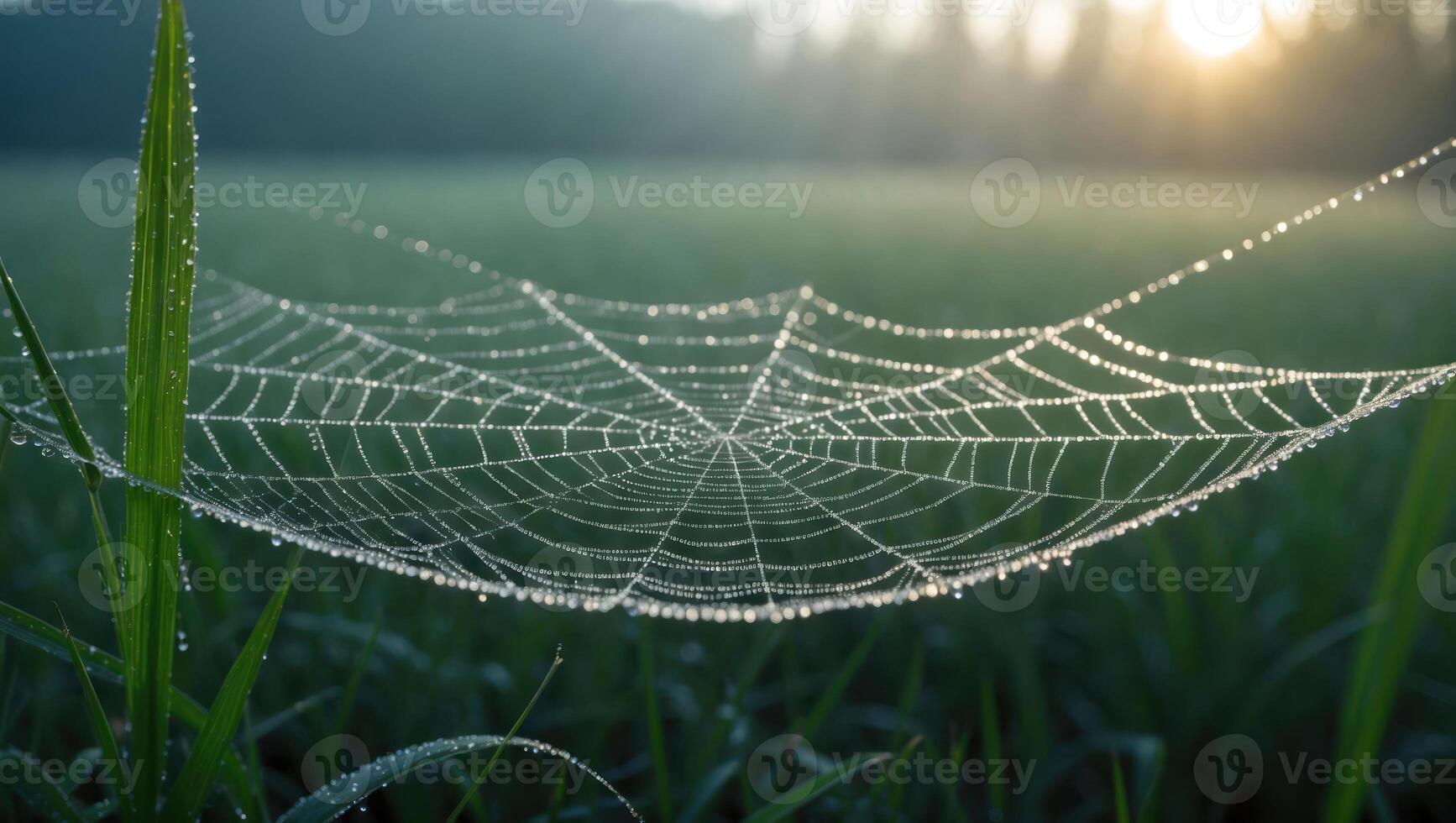 Dew Covered Spiderweb on Green Grass in Early Morning Light photo