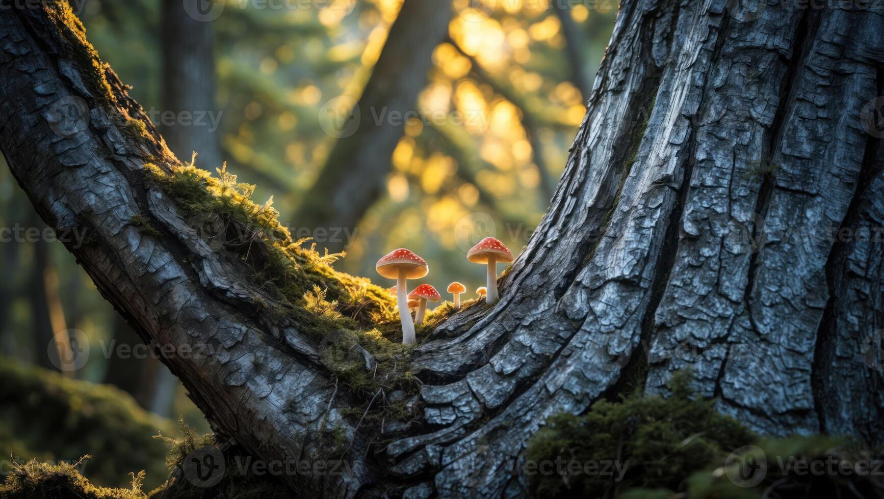 Mushrooms on Tree Branch Glowing in Sunlight Forest Scenic View photo