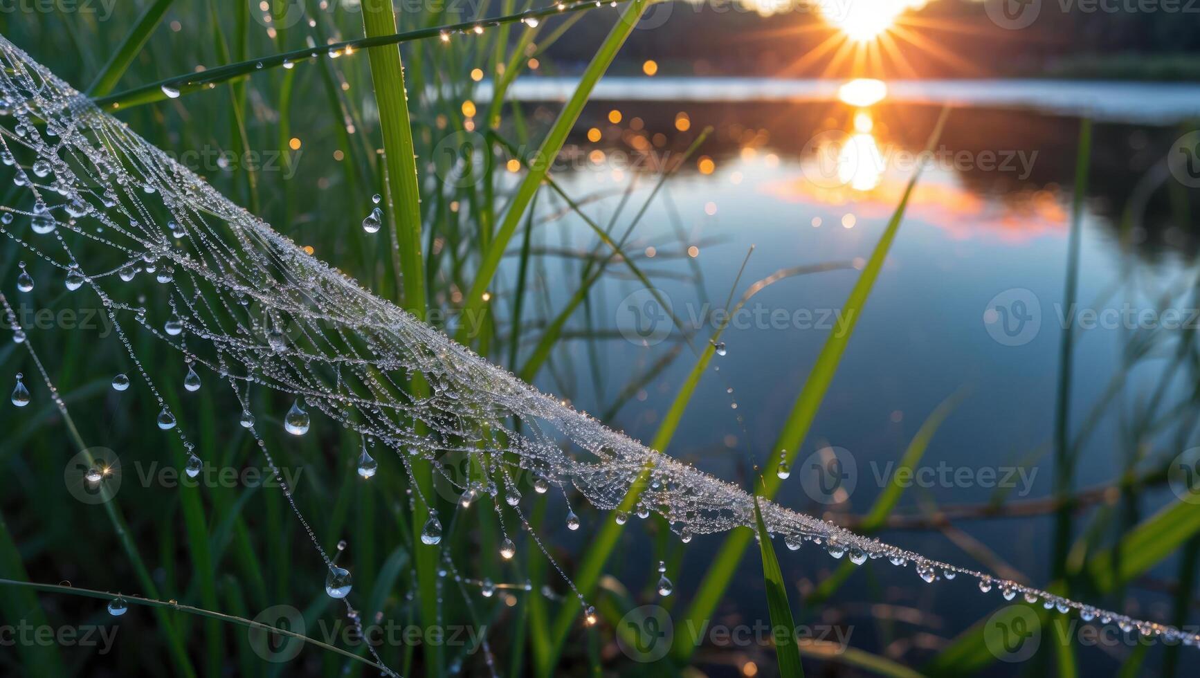 Dew Drops Hanging on Spiderweb in Grassy Field at Sunrise photo