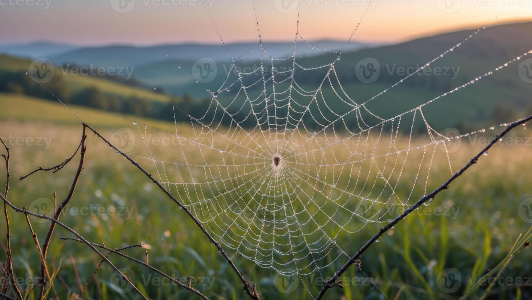 Spiderweb with Water Droplets Captures Morning Light in a Green Field photo