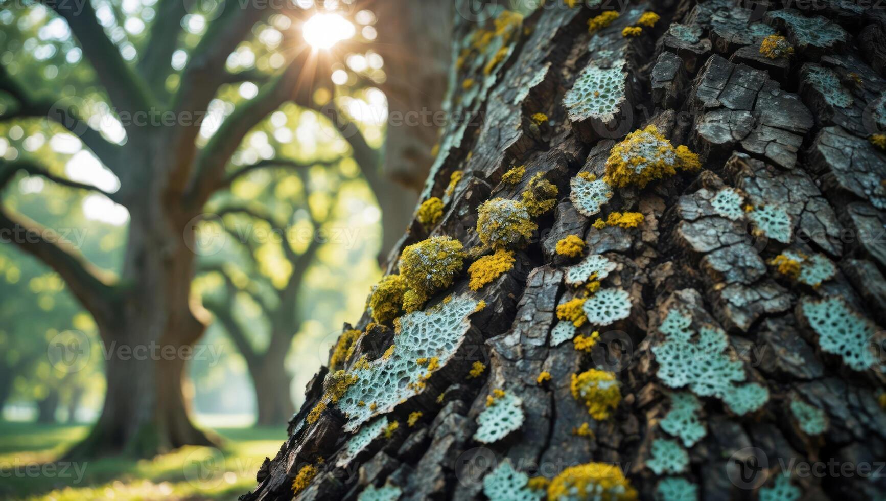 Tree Bark Close Up with Moss and Sunlight in Green Forest photo
