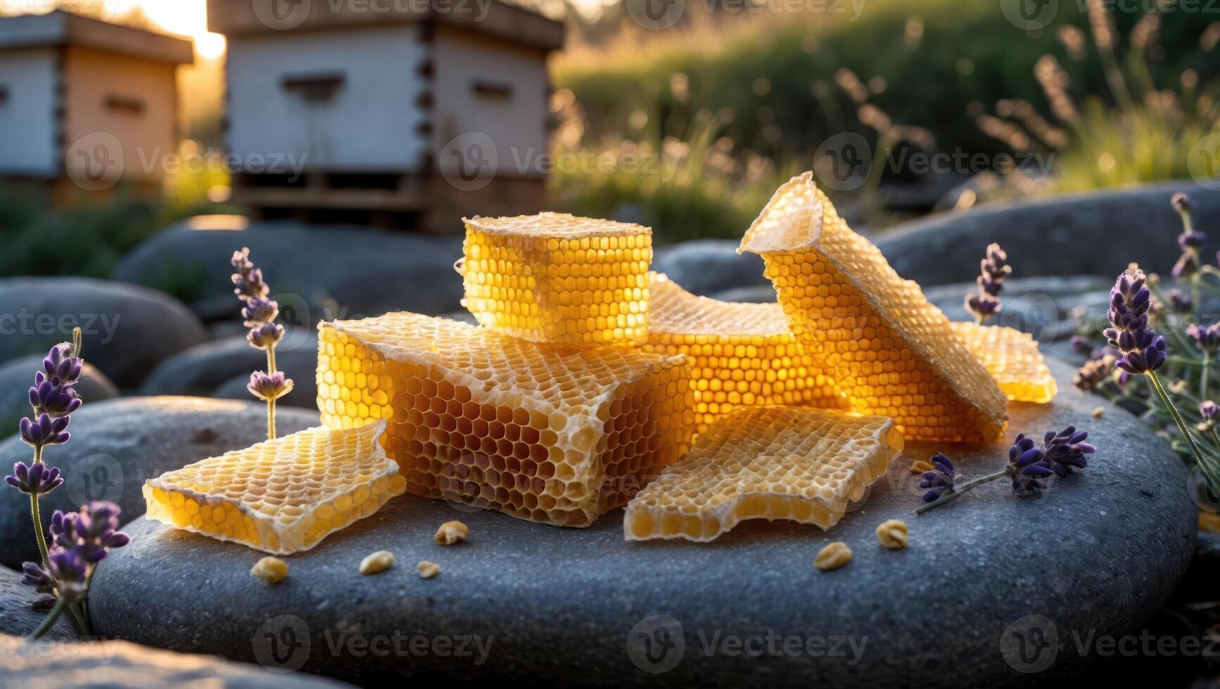 Honeycomb Pieces on Rocks with Lavender and Beehives in Background photo