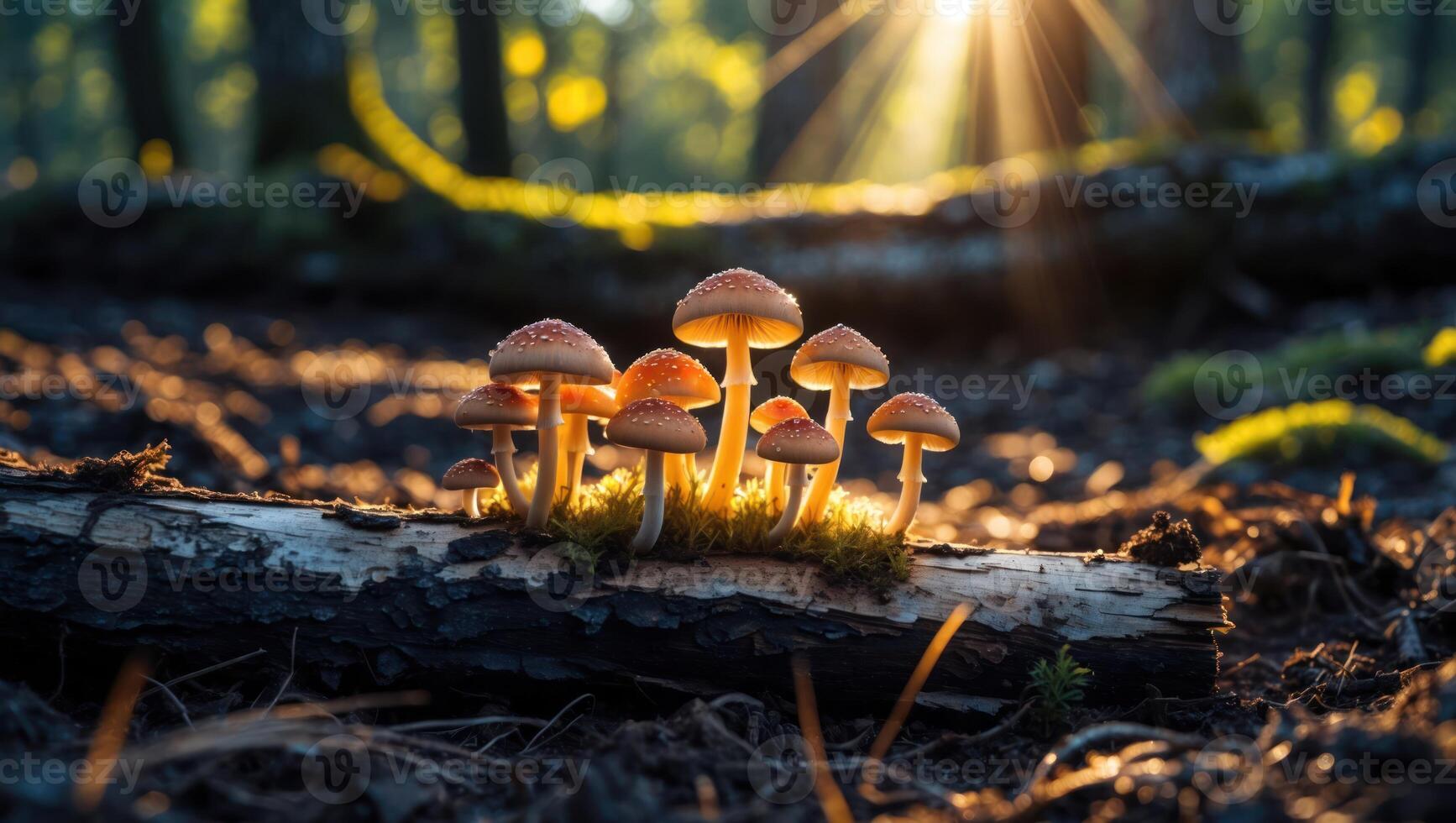 Mushrooms Growing on Log in Forest with Sunlight Shining Through photo
