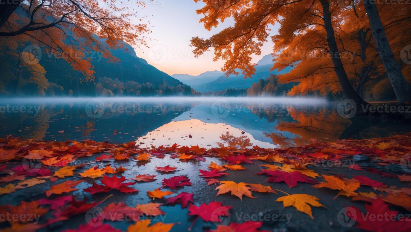 Autumn Leaves by Lake Reflecting Mountains and Sunrise Mist photo