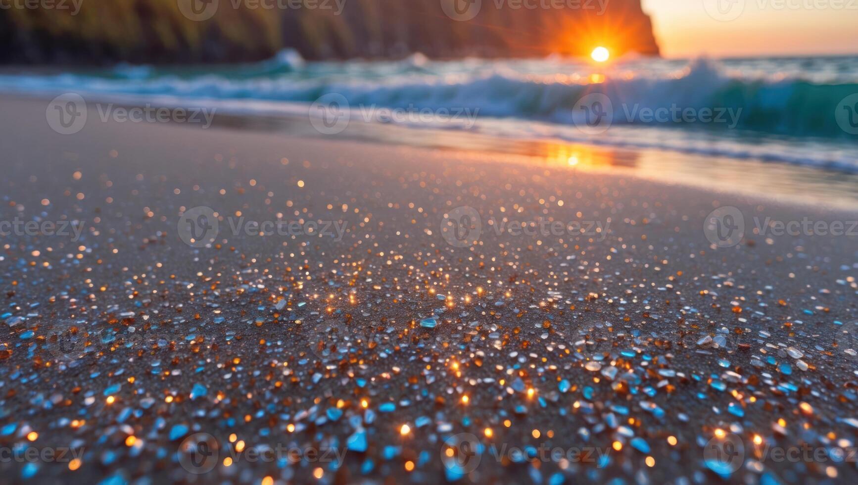 Sparkling Beach Sand at Sunset with Ocean Waves Washing Ashore photo