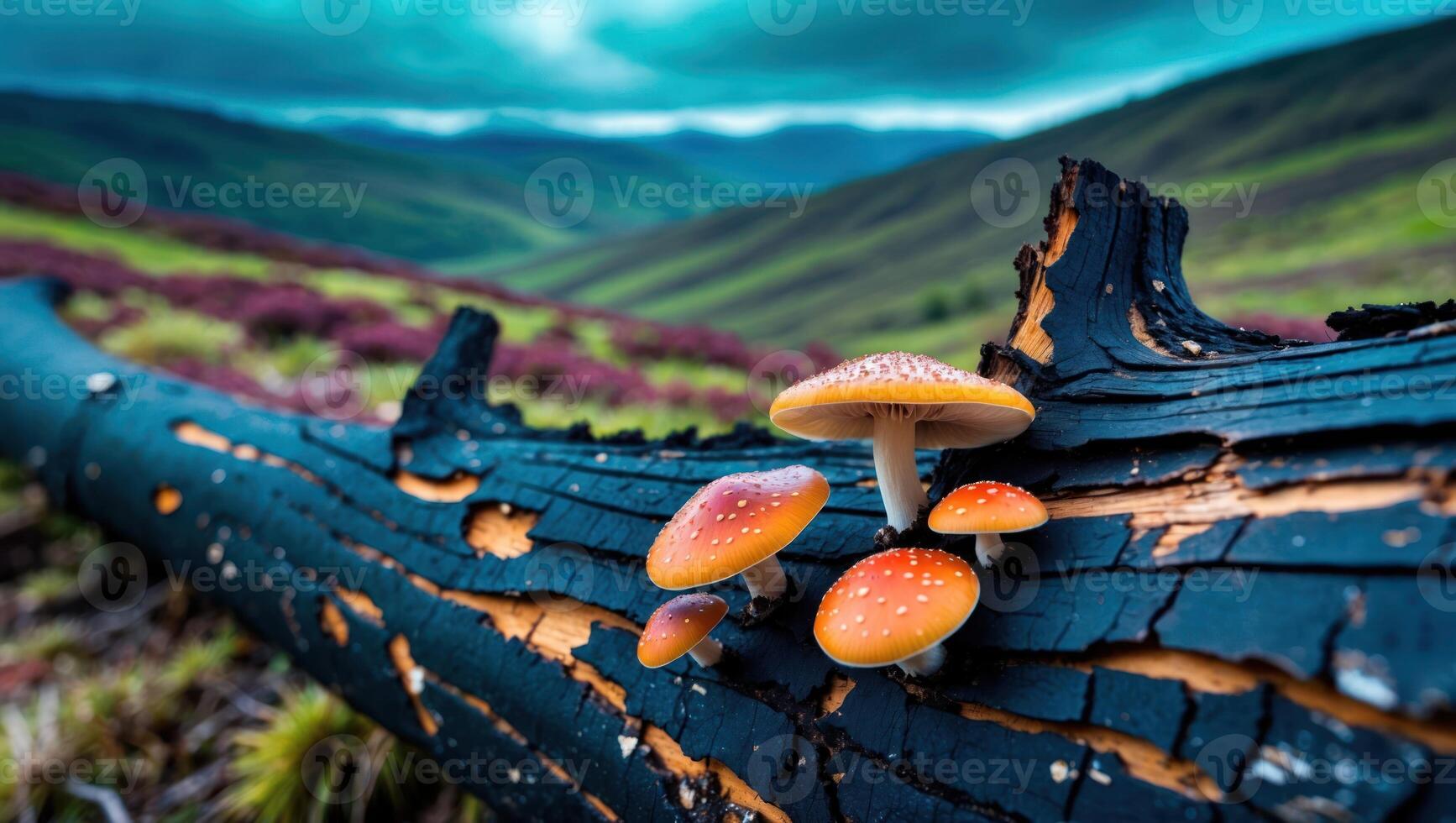 Mushrooms Growing on Fallen Tree Trunk in Mountain Landscape Scene photo