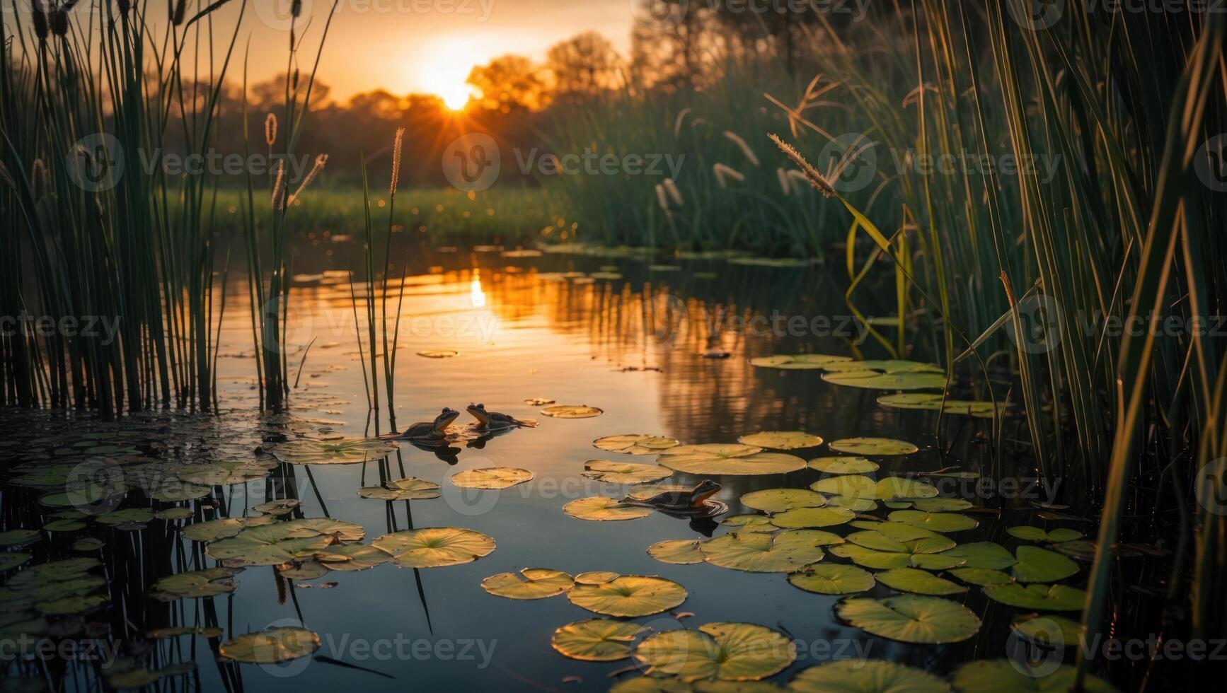 Calm Pond Reflects Sunset with Lily Pads and Green Reeds photo