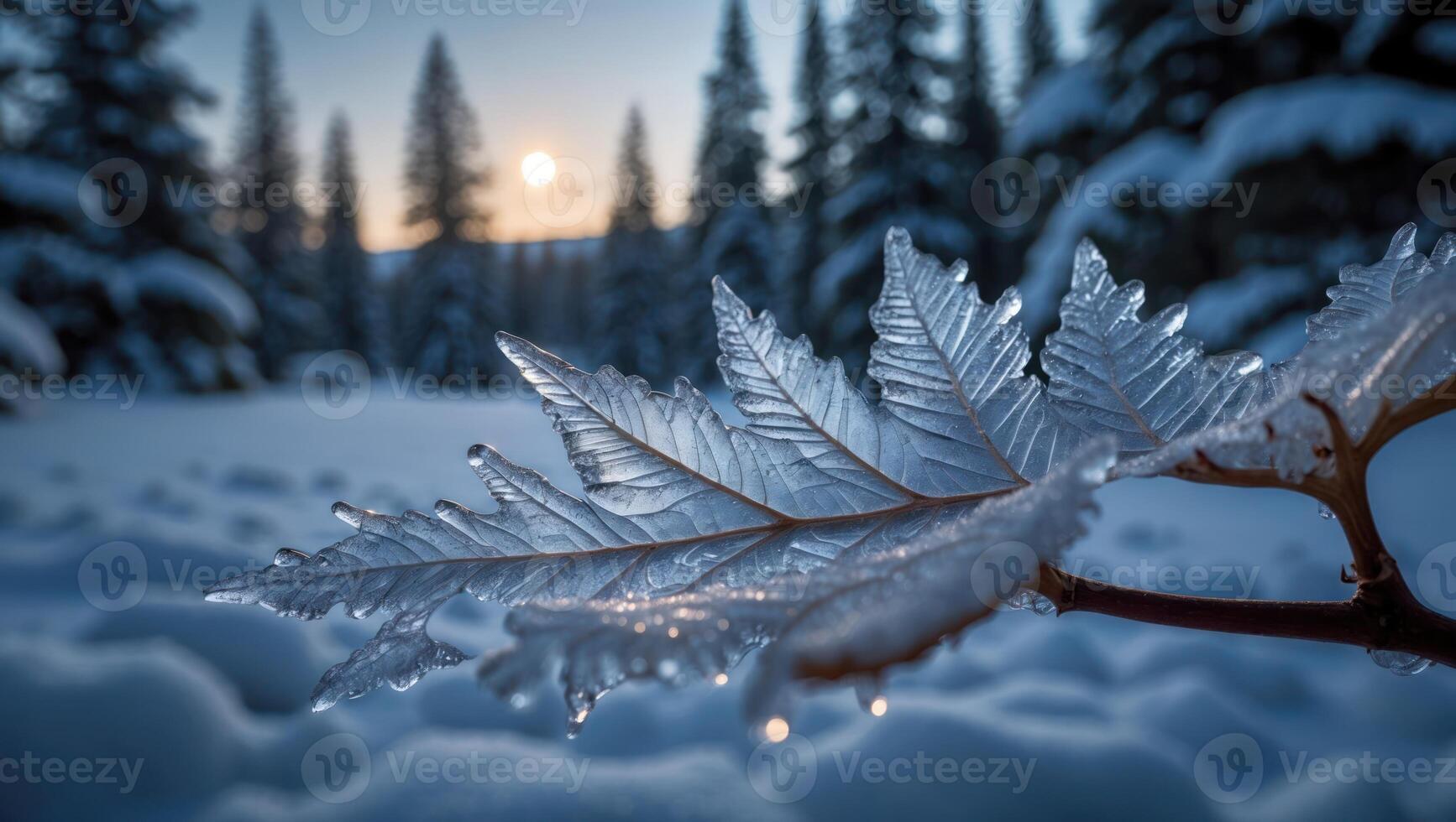 Icy Leaf Close-up in Winter Forest Scene with Soft Sunset photo